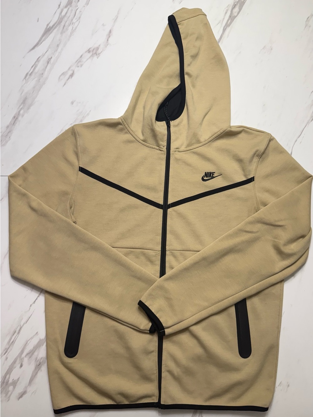 Nike Men's Beige Hooded Performance Jacket with Black Accents